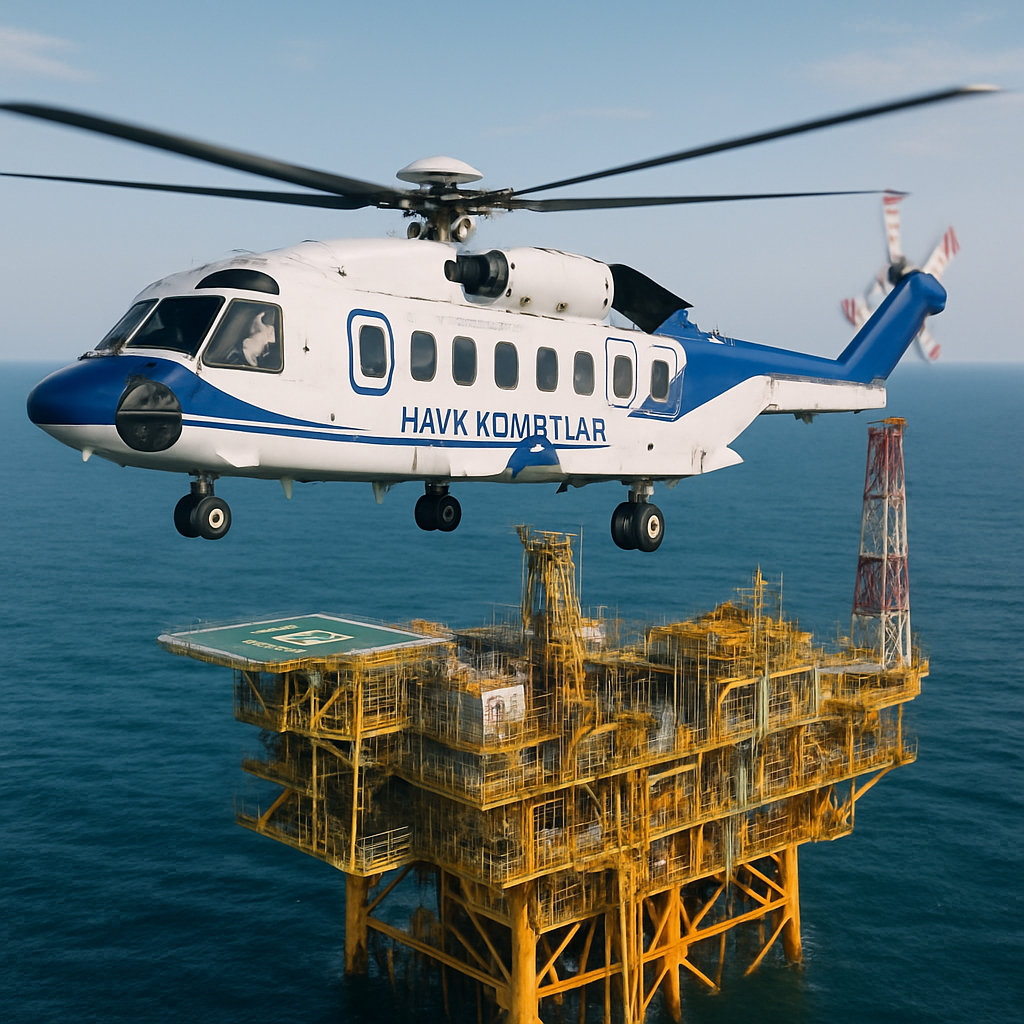 Helicopter flying over an offshore oil and gas platform in clear skies, representing safety